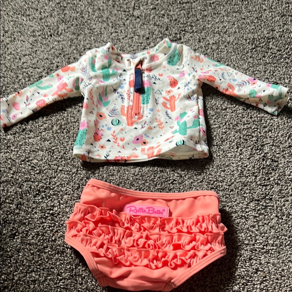 Ruffle Butts Coral and White Kids Swim Set